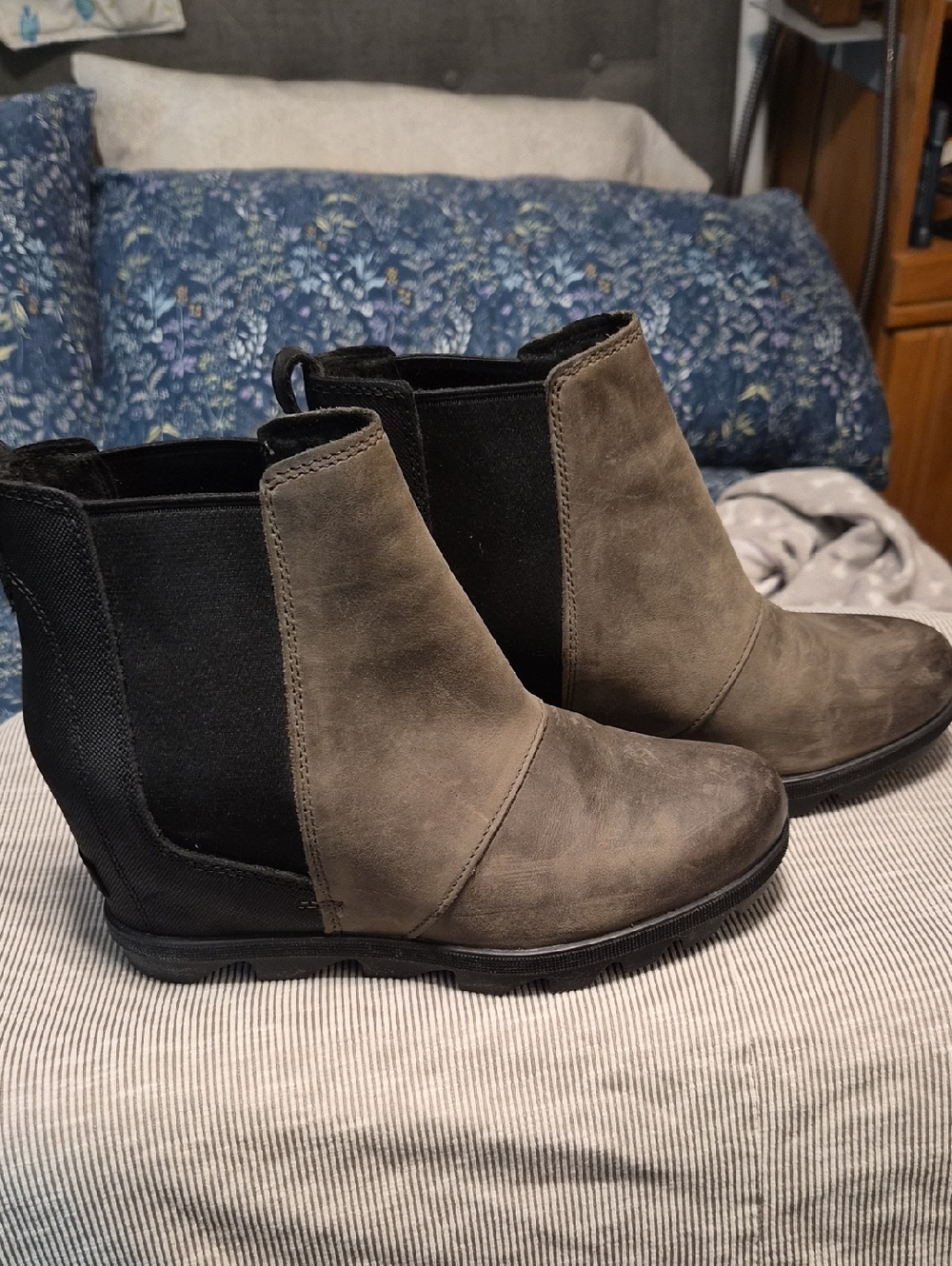 Sorel Taupe and Black Chelsea Ankle Boots